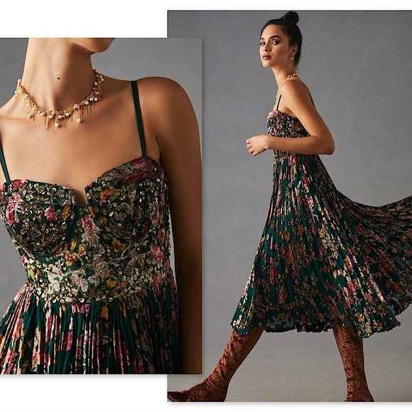 Verb by Pallavi Singhee & Anthropologie Dresses & Skirts - 🦚Verb by Pallavi Singhee Smocked Corset Pleated Dress in Emerald Green, NWT✨